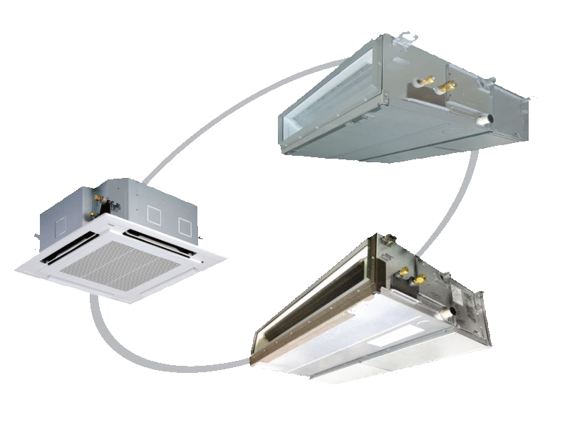 Three types of Toshiba Light Commercial - Indoor units are shown with connecting lines on a green background.