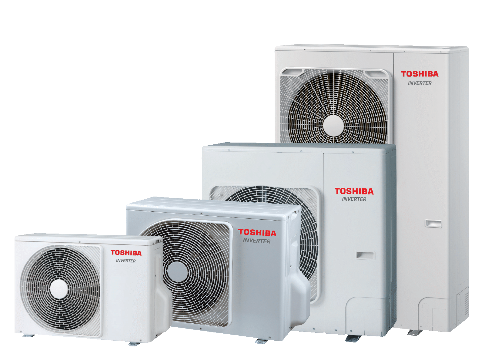 A family of four white Toshiba Light Commercial - Outdoor units, varying in size, are arranged on a black background.