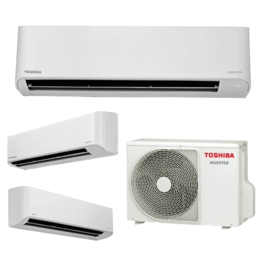 Toshiba Inverter hi wall unit system featuring indoor wall-mounted units and an outdoor unit for efficient home cooling.