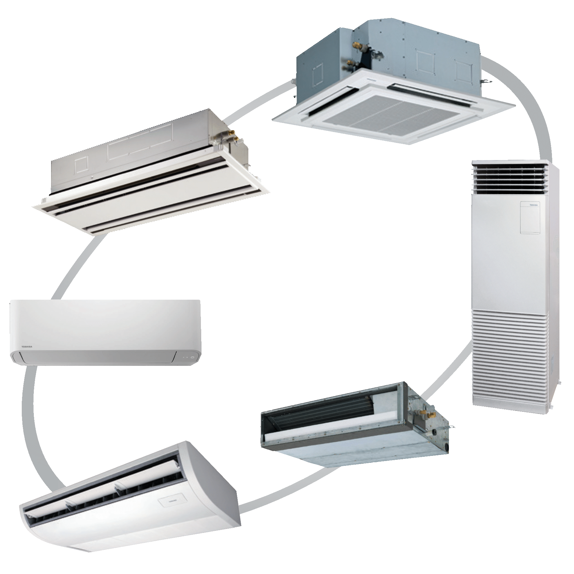 Five different Toshiba VRF - Indoor Unit types are displayed and connected by lines on a dark background.