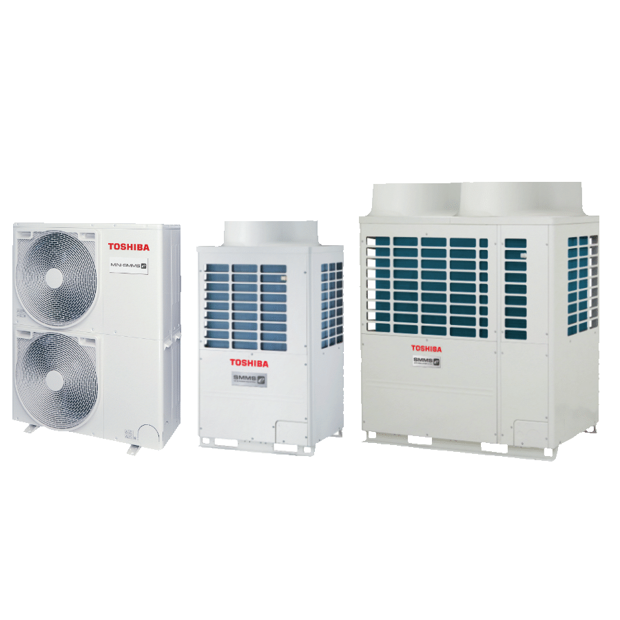 Three white Toshiba VRF - Outdoor Units of varying sizes stand on a dark green background.