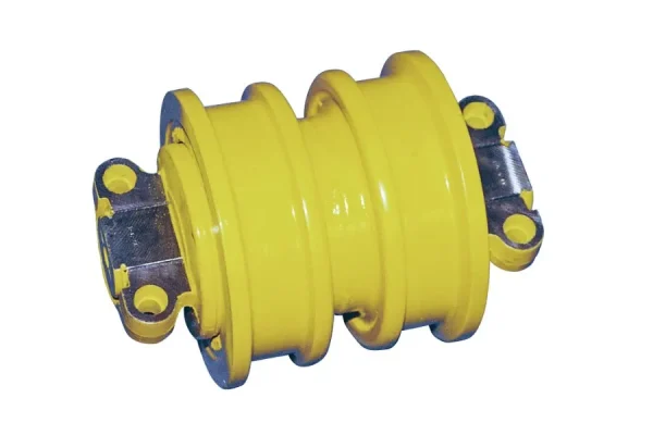 a side-view of a yellow track and carrier roller assembly used for heavy equipment