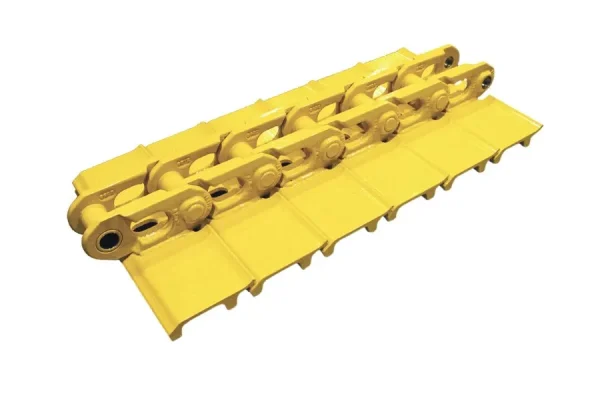 A track link assembly is displayed diagonally against a white background, showcasing its interconnected links and flat, rectangular plates.