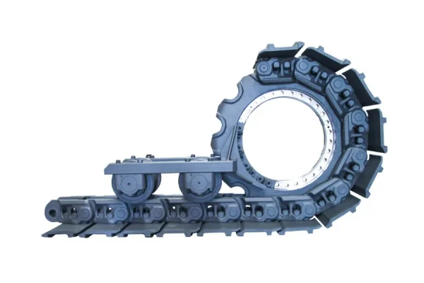 A gray track chain is displayed against a white background, showcasing its interconnected links and a large, circular component with a central opening
