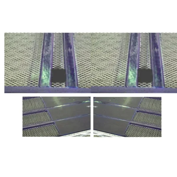 The image shows close-up sections of what appears to be a poly hybrid screencloth. The top portion displays parallel, slightly textured bars over a mesh-like material.