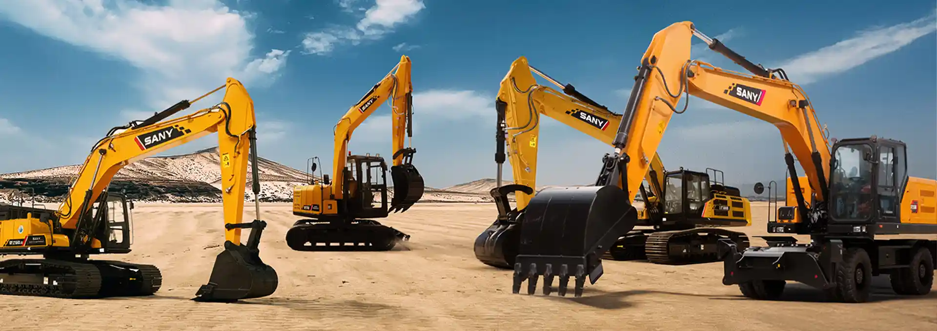 A diverse range of SANY excavators, including tracked and wheeled models, ready for earthmoving in the UAE. Reliable heavy equipment from UMHE.