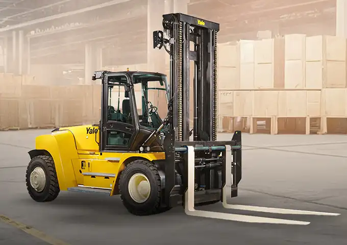 High capacity Yale forklift truck for moving extremely heavy loads in logistics and industrial applications, available from UMHE in the UAE.